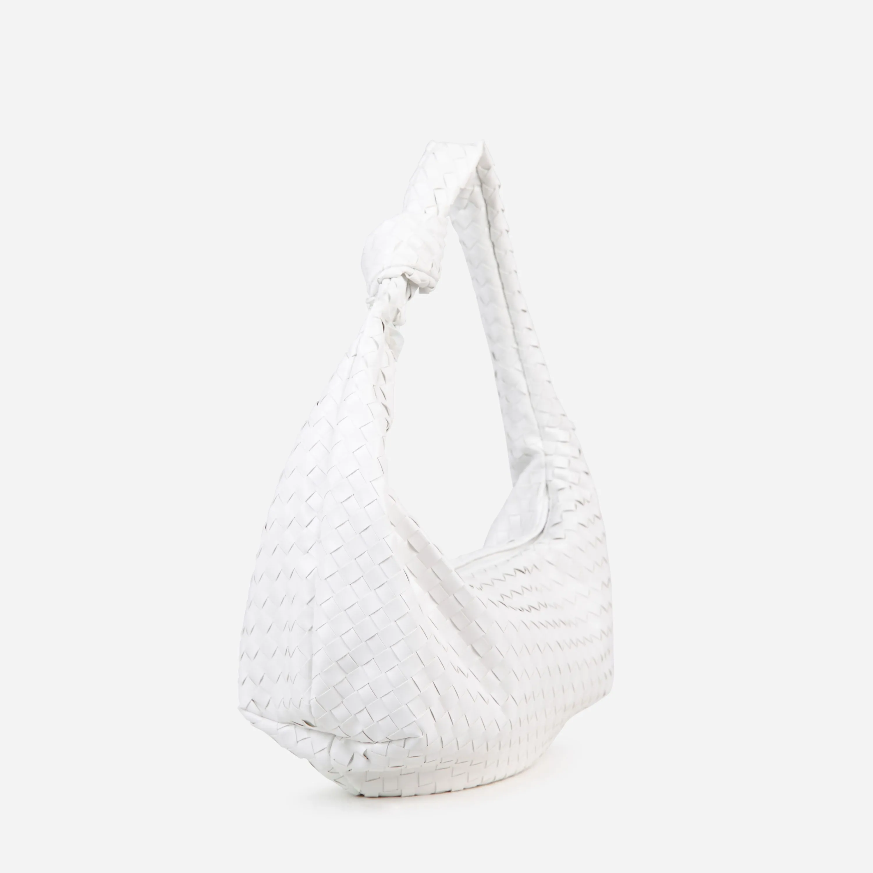 Loreen Woven Knotted Strap Detail Oversized Shoulder Bag In White Faux Leather