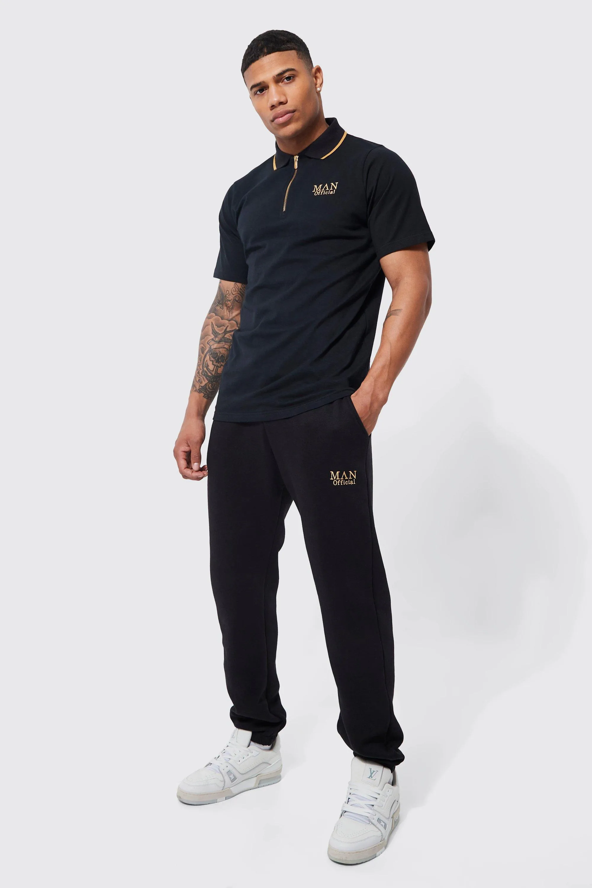 Man Gold Polo And Double Waistband Joggers | boohooMAN UK