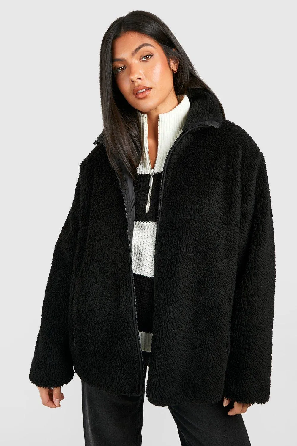 Maternity Zip Detail Faux Fur Teddy Jacket