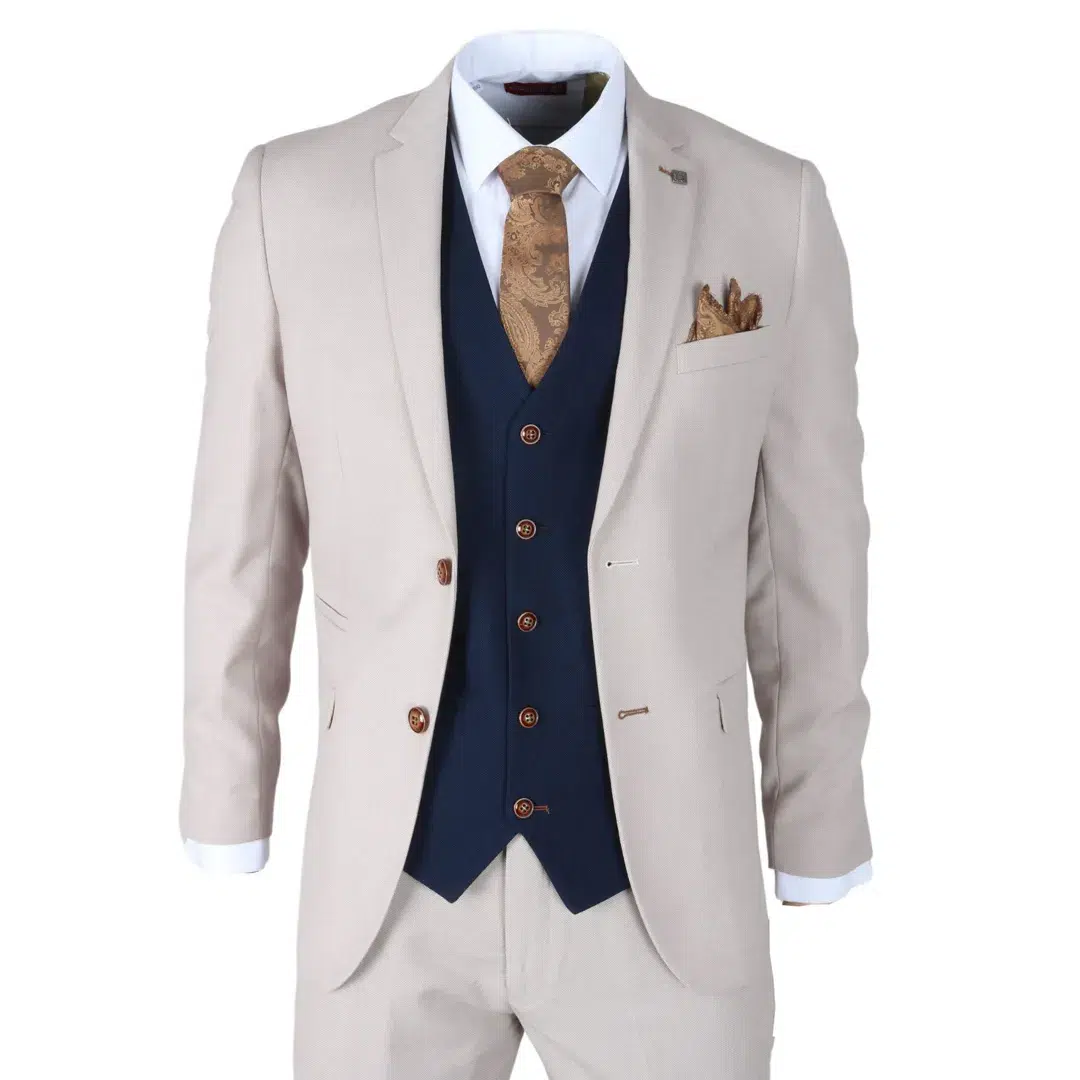 Mayfair - Men's 3 Piece Cream Suit With Navy Waistcoat