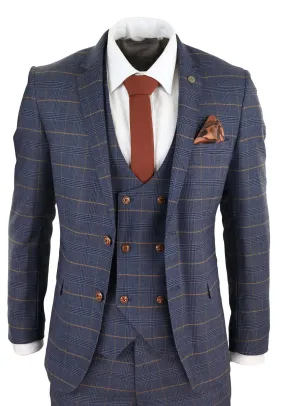 Men's Blue Check Suit with Double Breasted Waistcoat