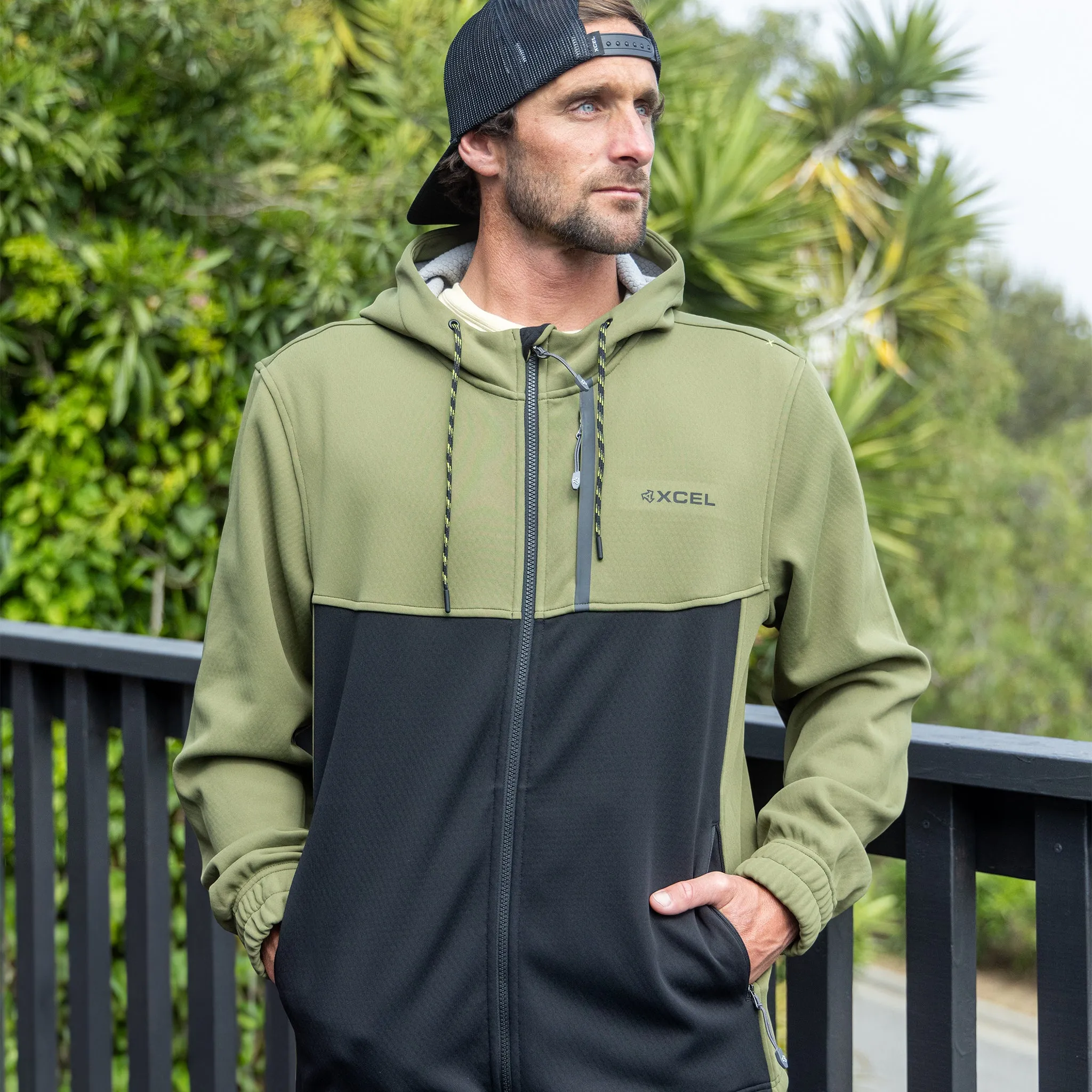 Men's Drylock Hooded Water Repellent Bonded Fleece - Olive/Black