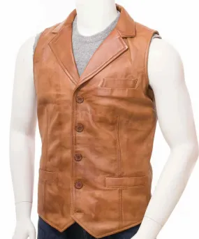 Men’s Tan Brown Button Closure Leather Vest