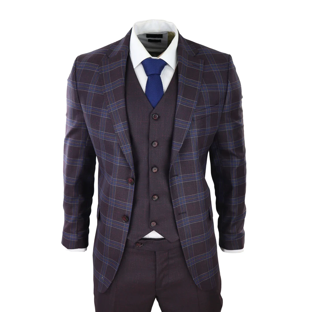 Mens 3 Piece Suit Purple Blue Check Check Contrasting Waistcoat Trouser Wedding