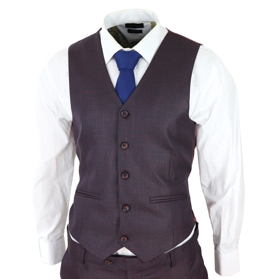 Mens 3 Piece Suit Purple Blue Check Check Contrasting Waistcoat Trouser Wedding