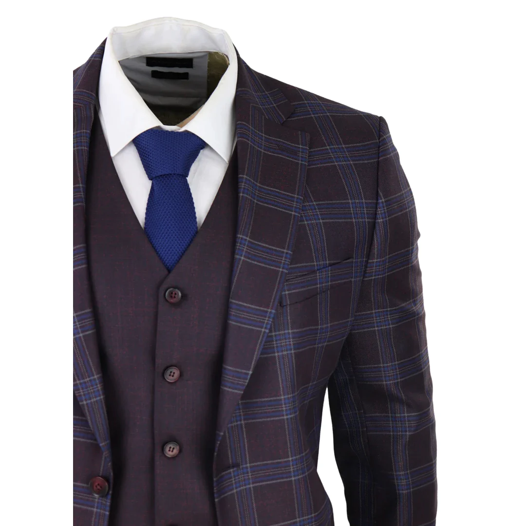 Mens 3 Piece Suit Purple Blue Check Check Contrasting Waistcoat Trouser Wedding