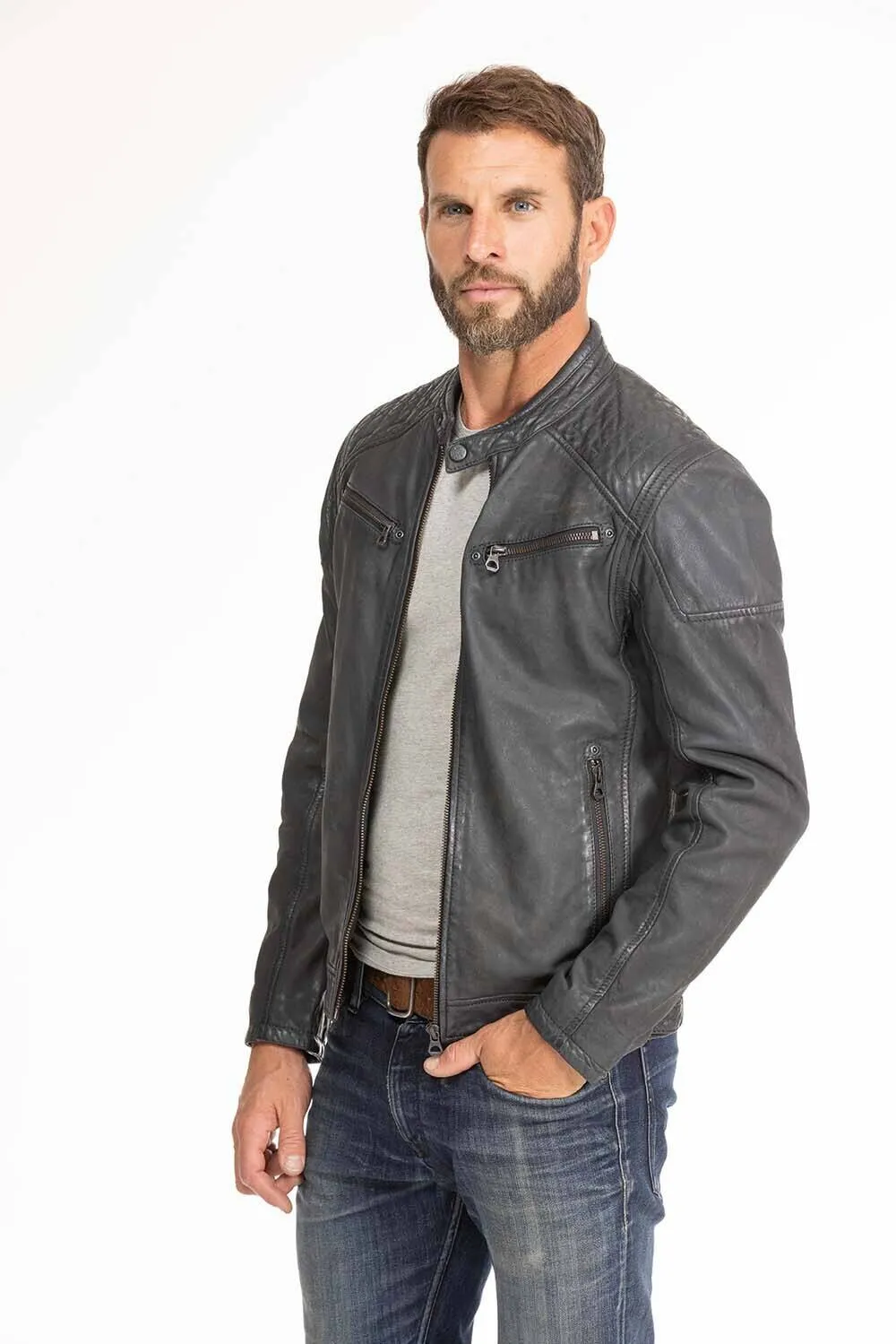 Men's blue leather jacket in gypsy motorcycle style 1201-0485