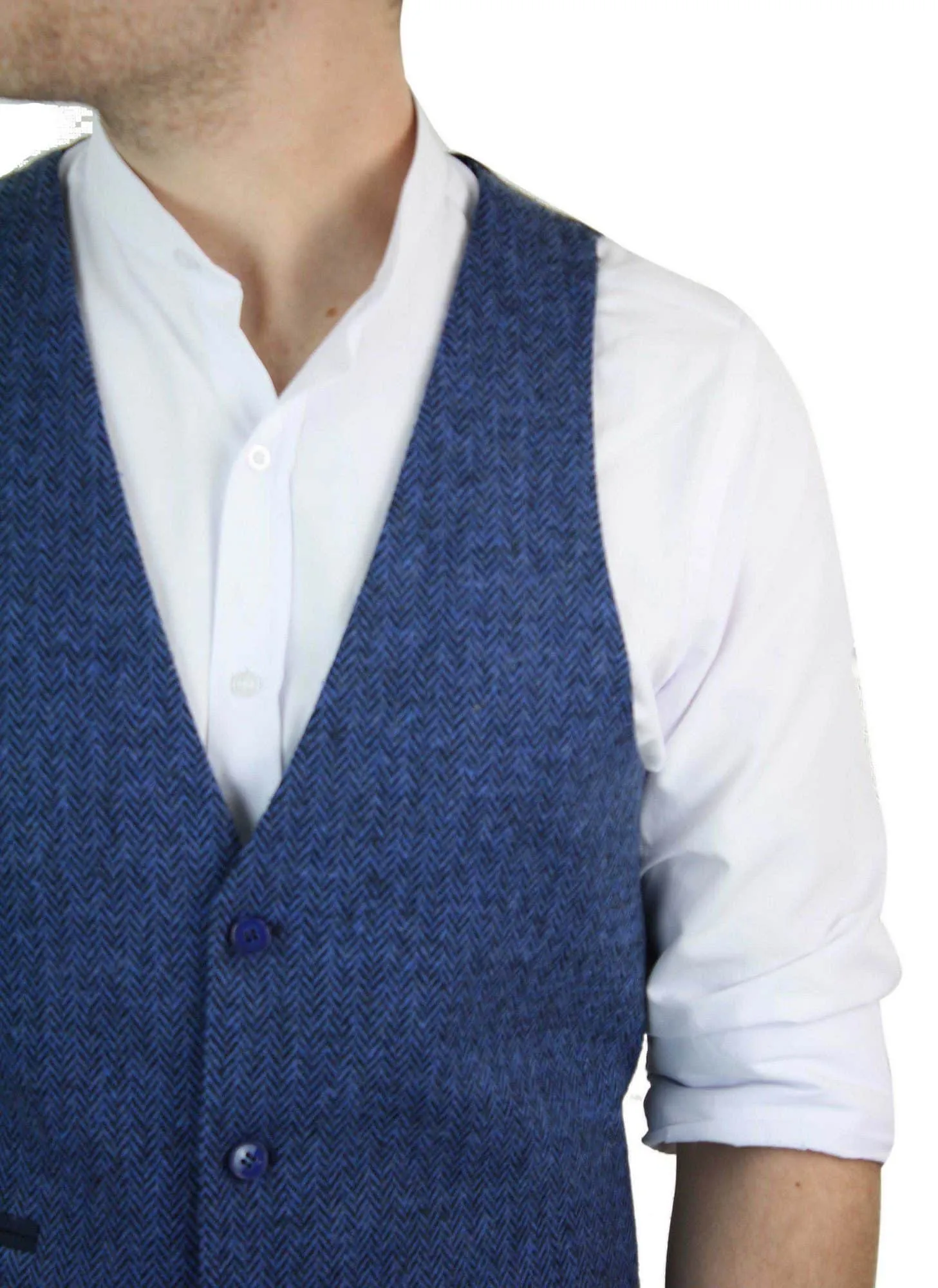 Mens Blue Waistcoat Tweed Herringbone Wool Peaky Blinders Vintage Retro