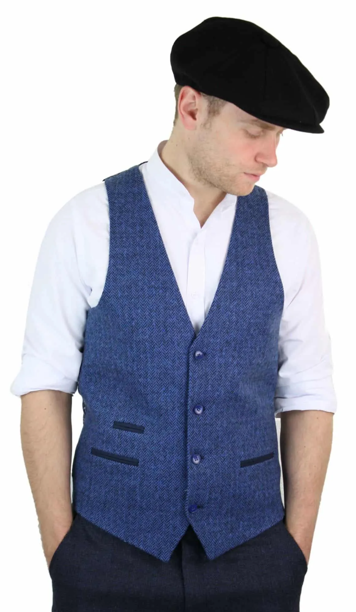 Mens Blue Waistcoat Tweed Herringbone Wool Peaky Blinders Vintage Retro