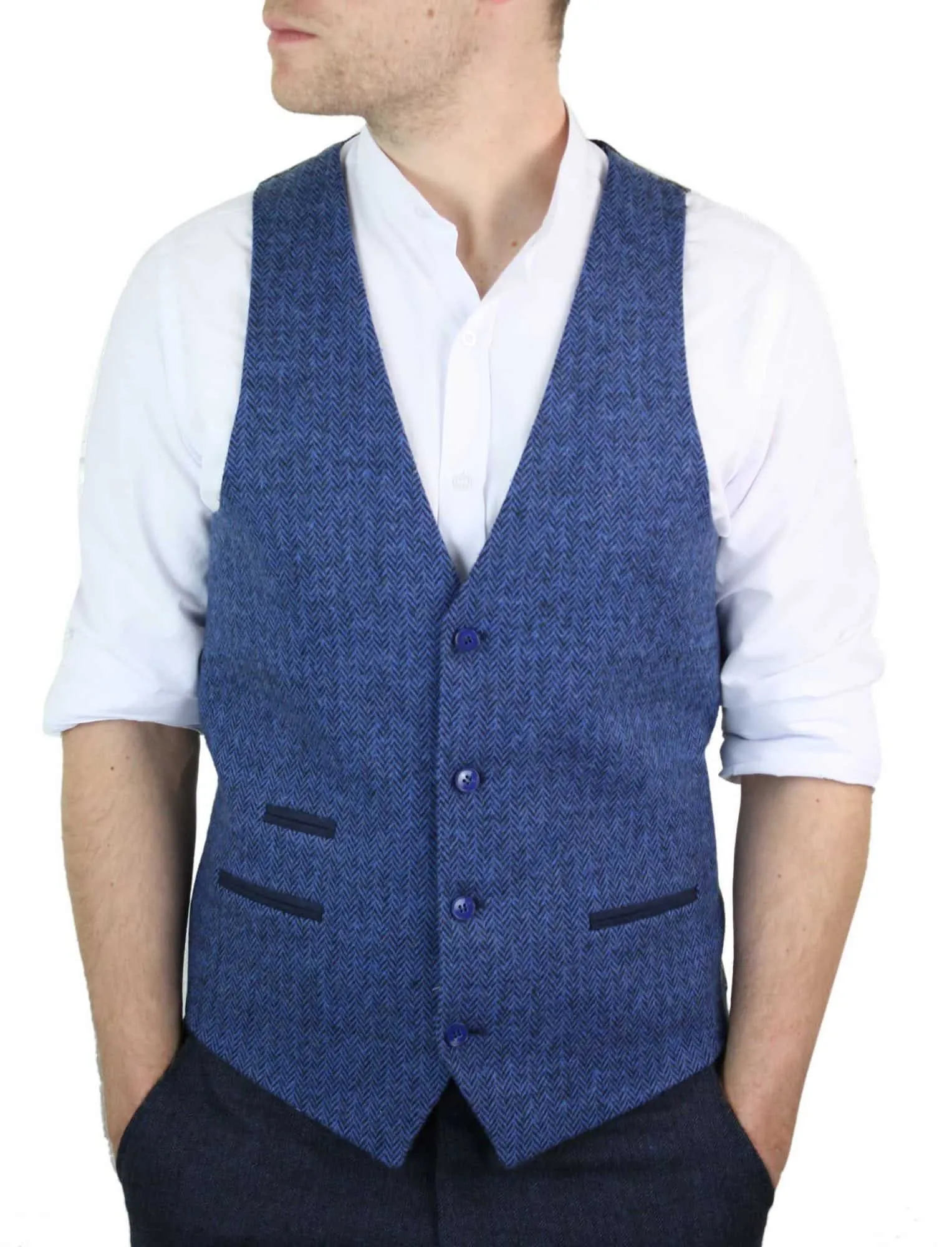 Mens Blue Waistcoat Tweed Herringbone Wool Peaky Blinders Vintage Retro