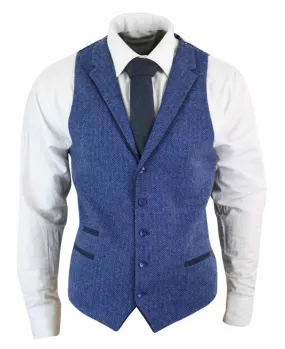 Mens Blue Waistcoat Tweed Herringbone Wool Peaky Blinders Vintage Retro