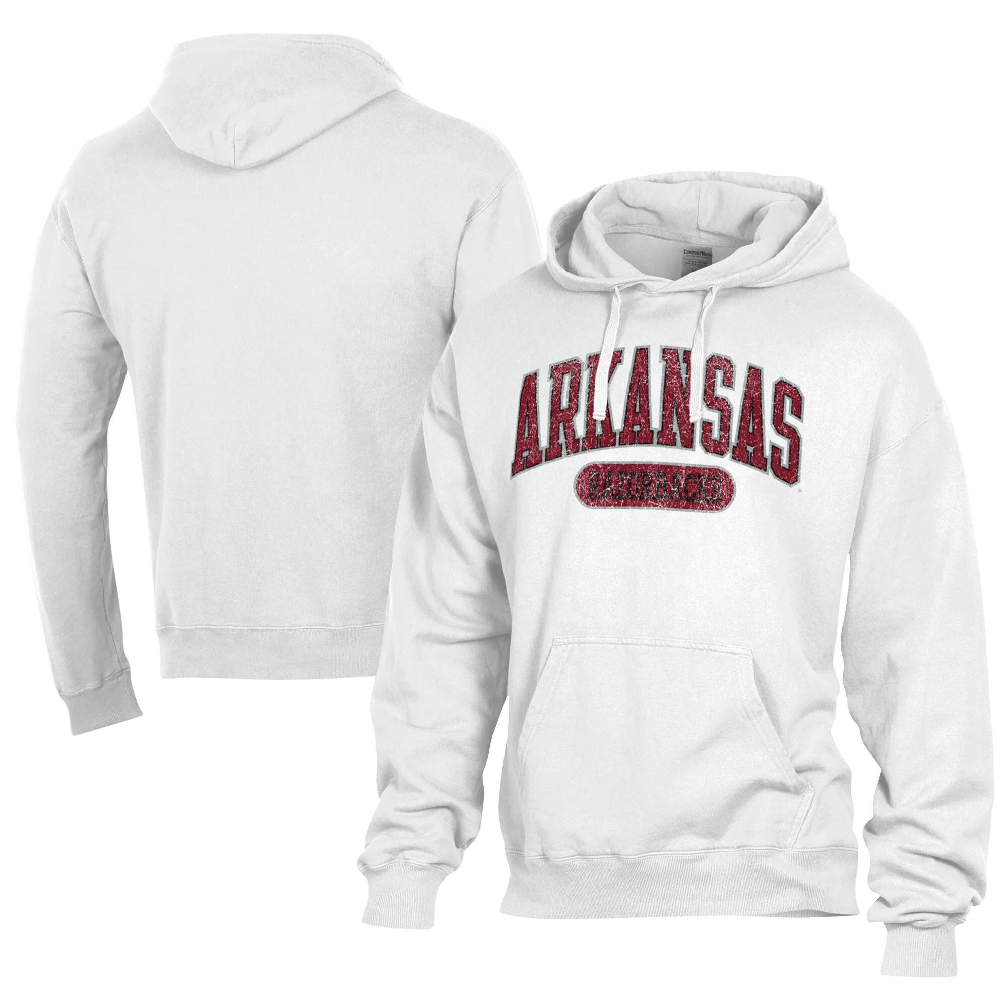 Men's Comfort Wash  White Arkansas Razorbacks Lightweight Fleece Pullover Hoodie