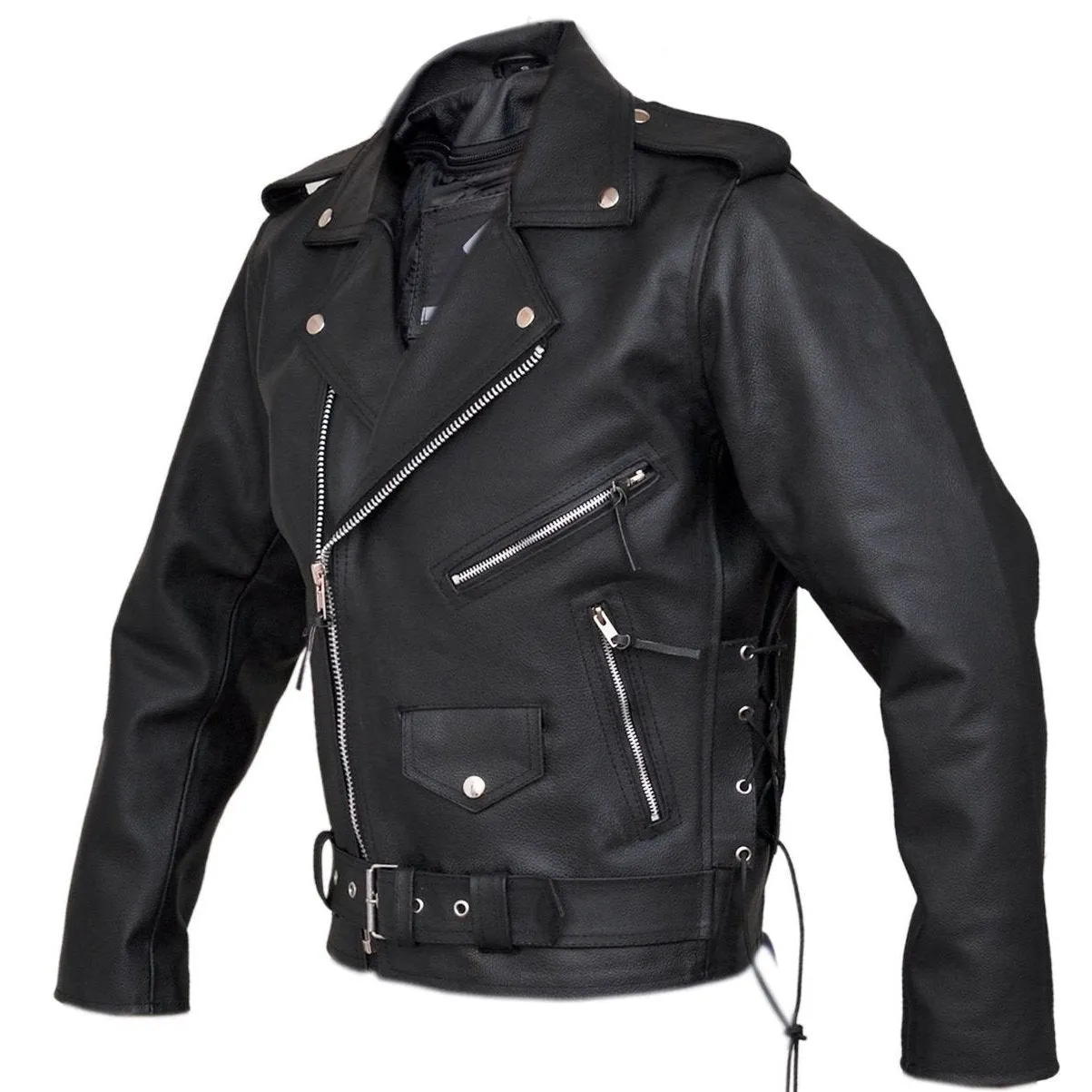 Mens Full Grain Cowhide Brando Belted Biker Leather Jacket Black Brown