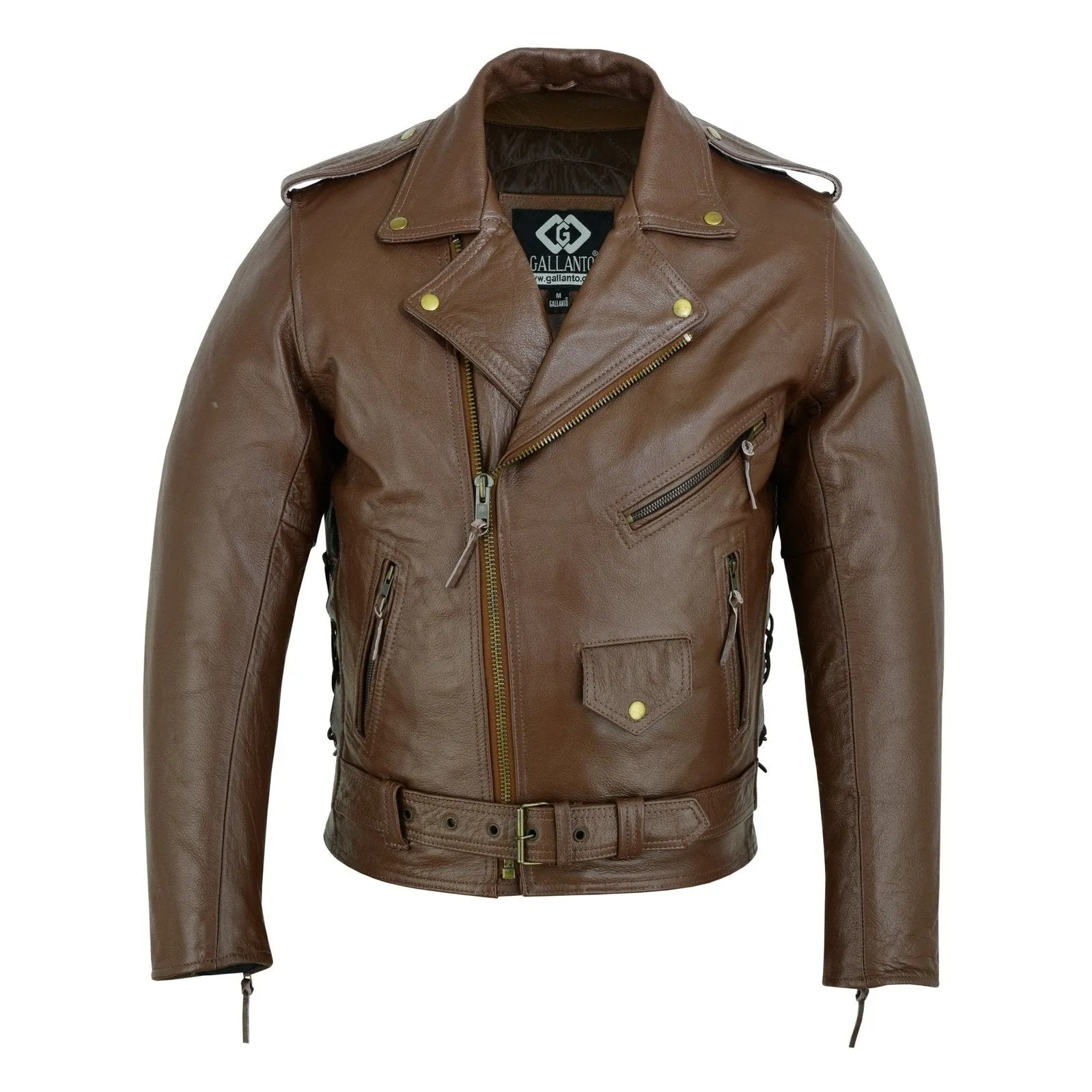 Mens Full Grain Cowhide Brando Belted Biker Leather Jacket Black Brown