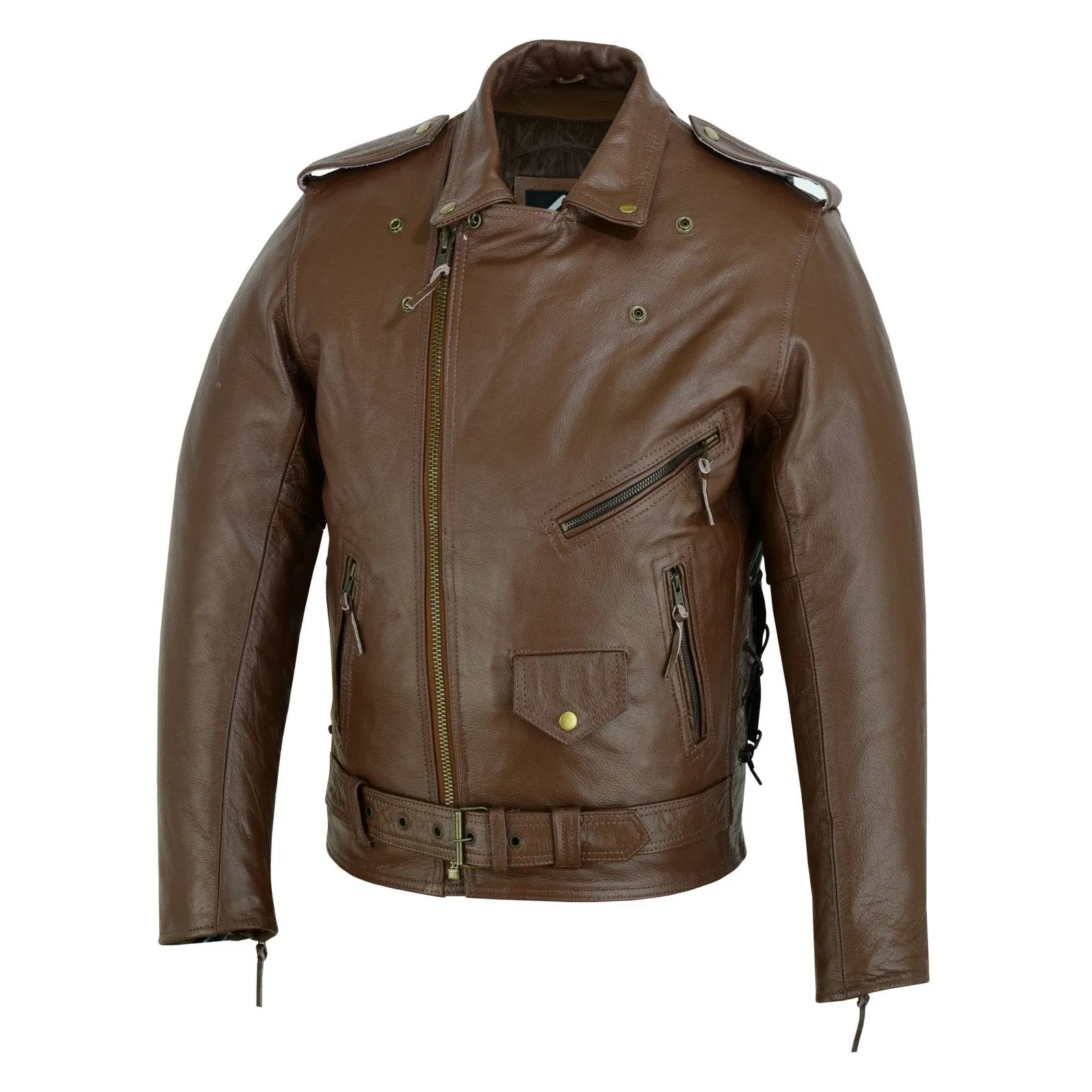 Mens Full Grain Cowhide Brando Belted Biker Leather Jacket Black Brown