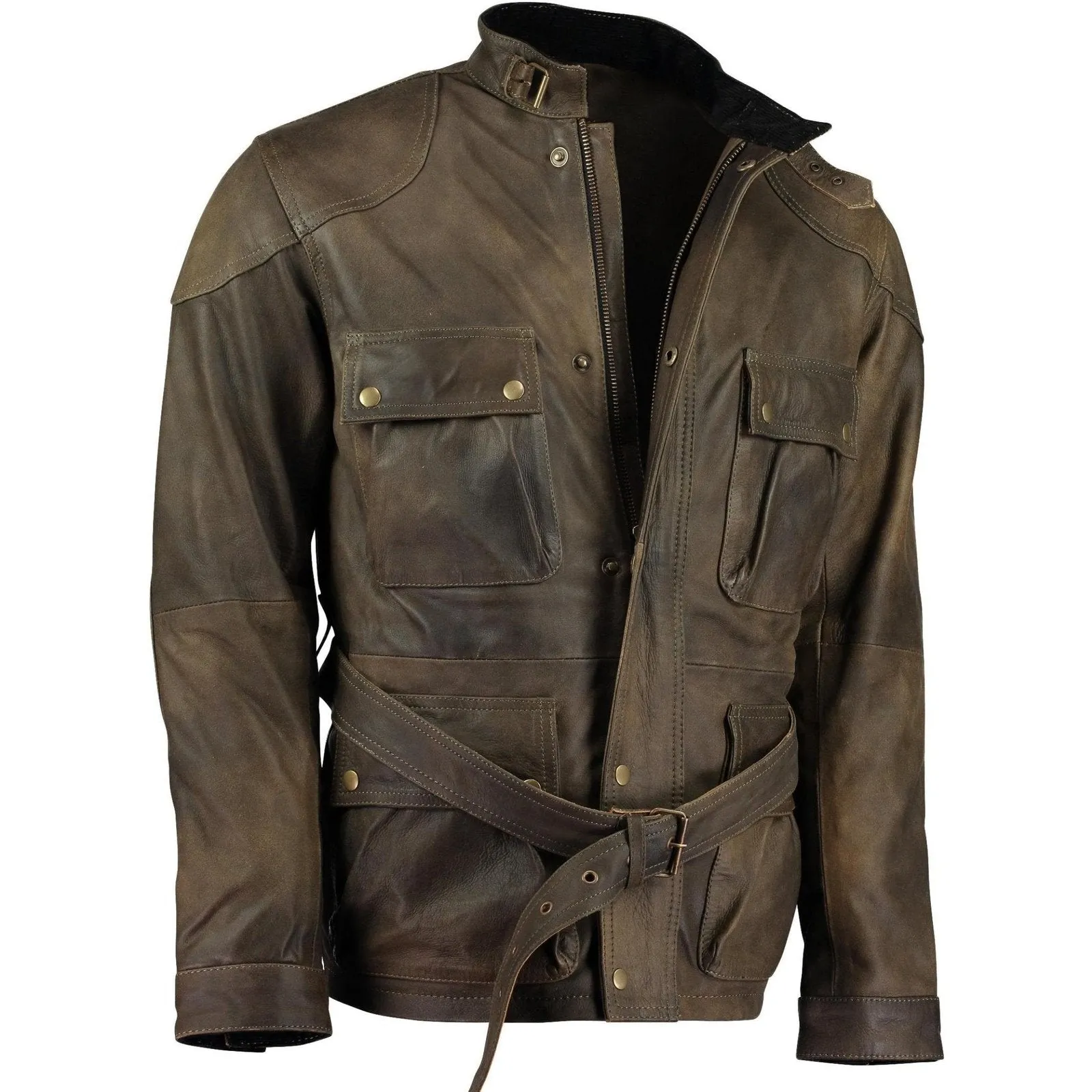 Mens Olive Green Benjamin Button Biker Vintage Leather Jacket Motorcycle