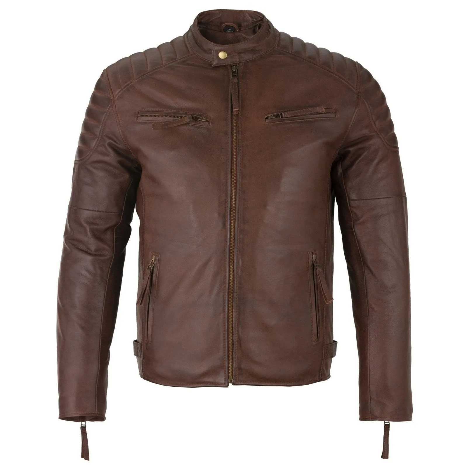 Mens Slim Fit Retro Style Biker Brown Leather Jacket - Ivar