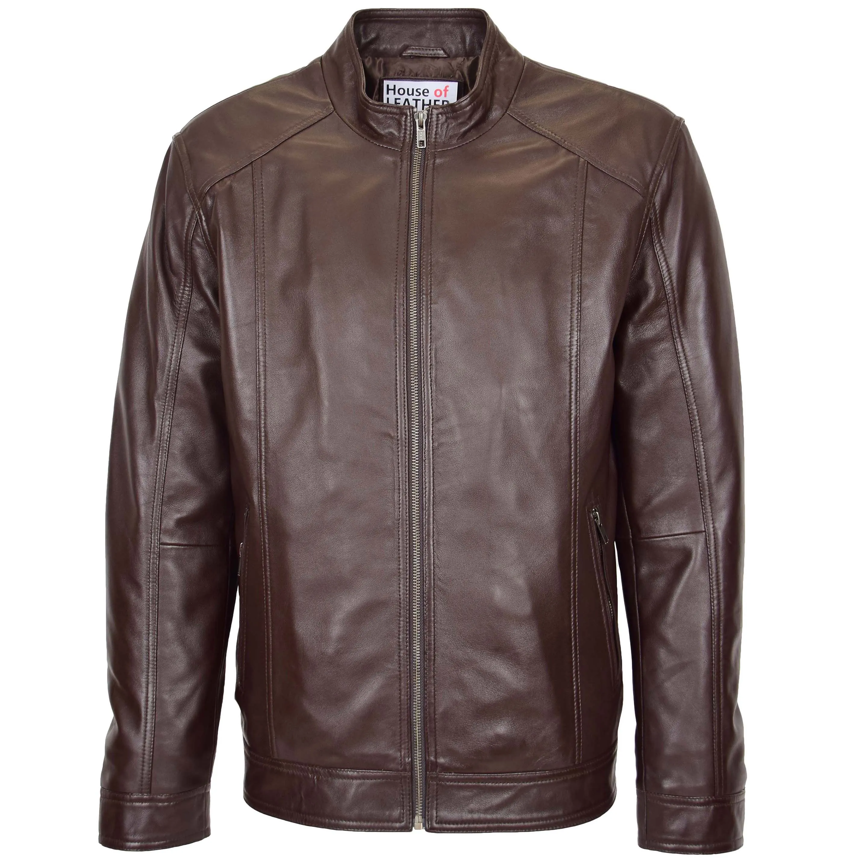 Mens Soft Leather Casual Plain Zip Jacket Matt Brown