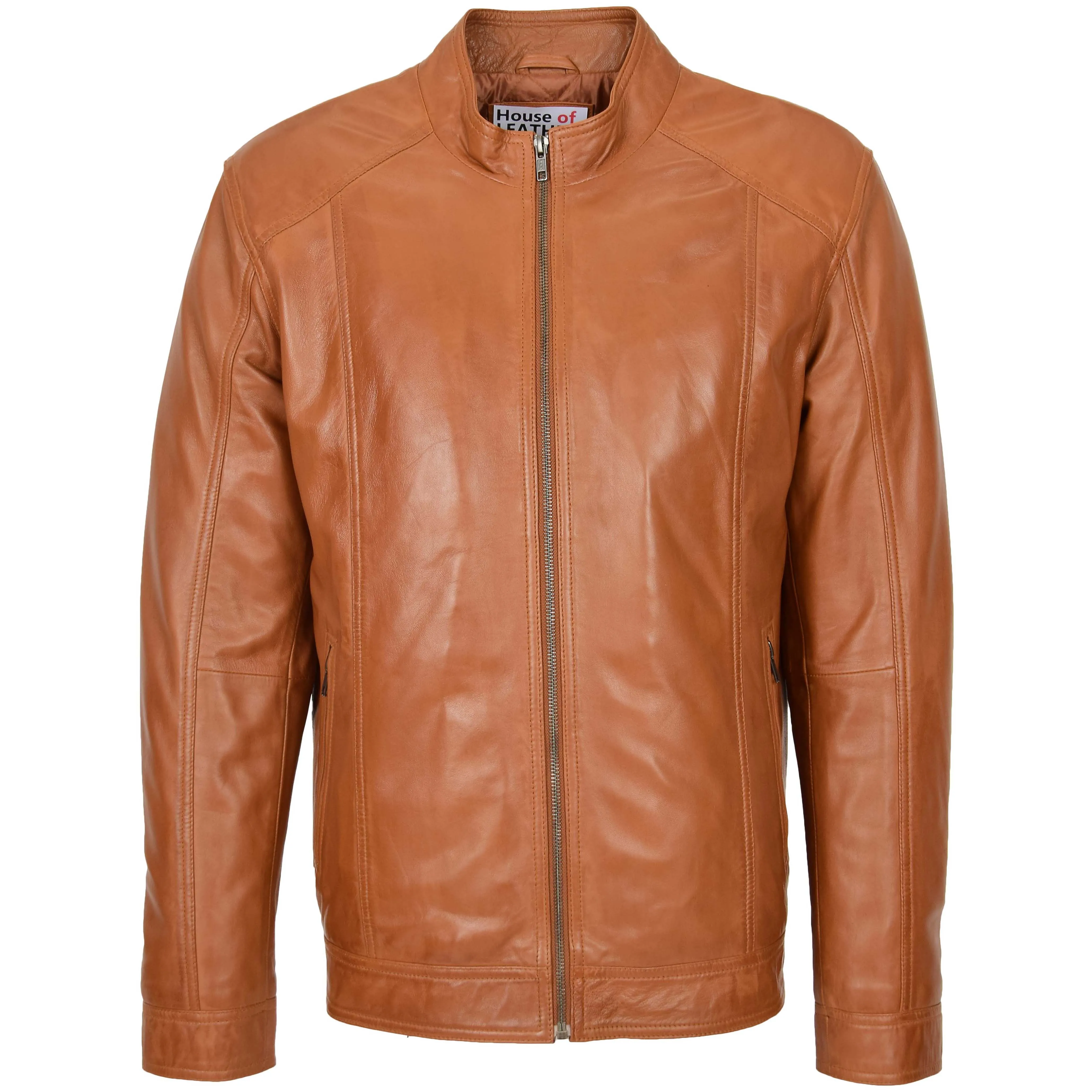 Mens Soft Leather Casual Plain Zip Jacket Matt Tan