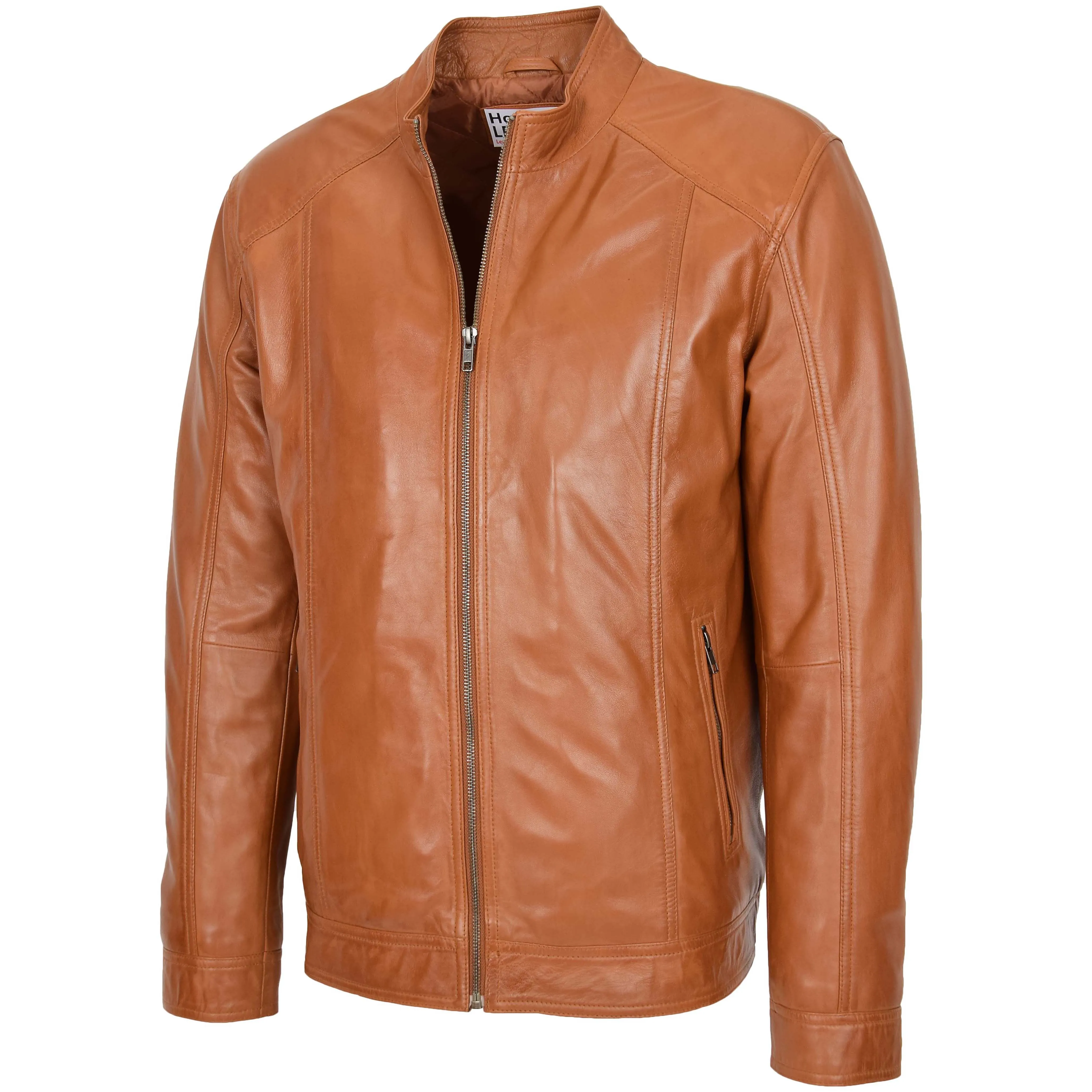 Mens Soft Leather Casual Plain Zip Jacket Matt Tan