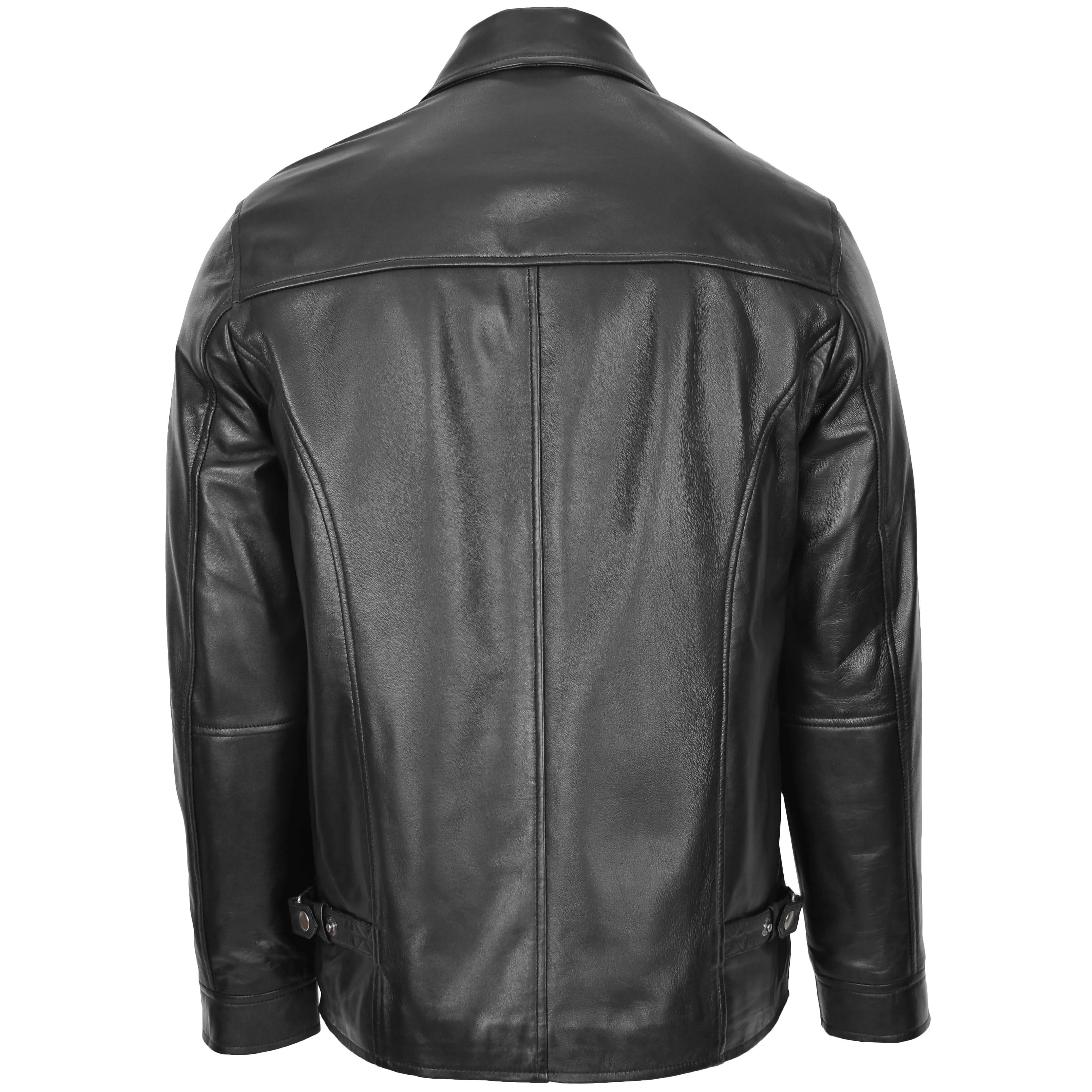 Mens Soft Leather Plain Zip Box Casual Jacket Frank Black