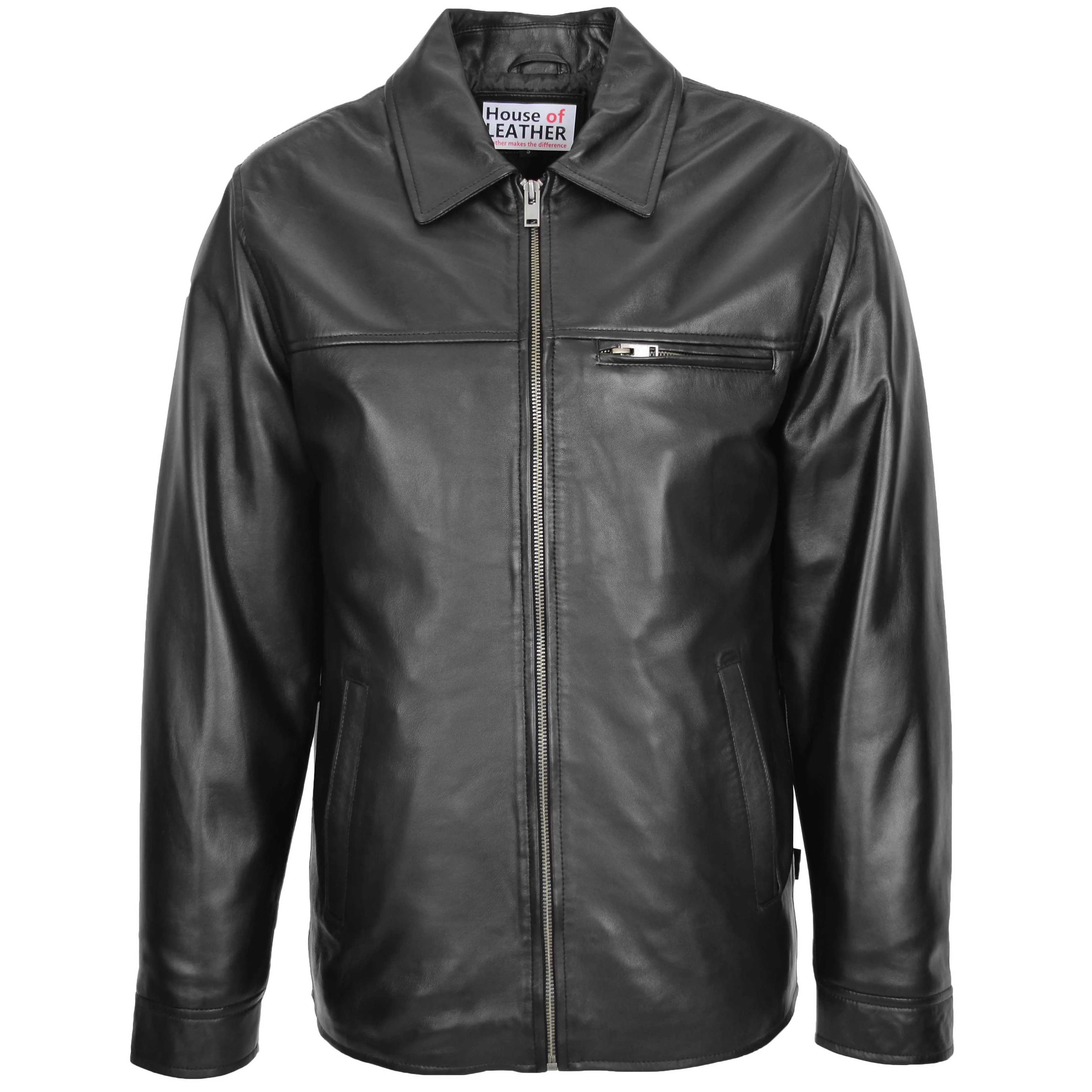 Mens Soft Leather Plain Zip Box Casual Jacket Frank Black