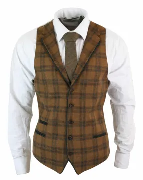 Mens Waistcoat Wool Tan Brown Check Tweed Classic Vintage Tailored Fit