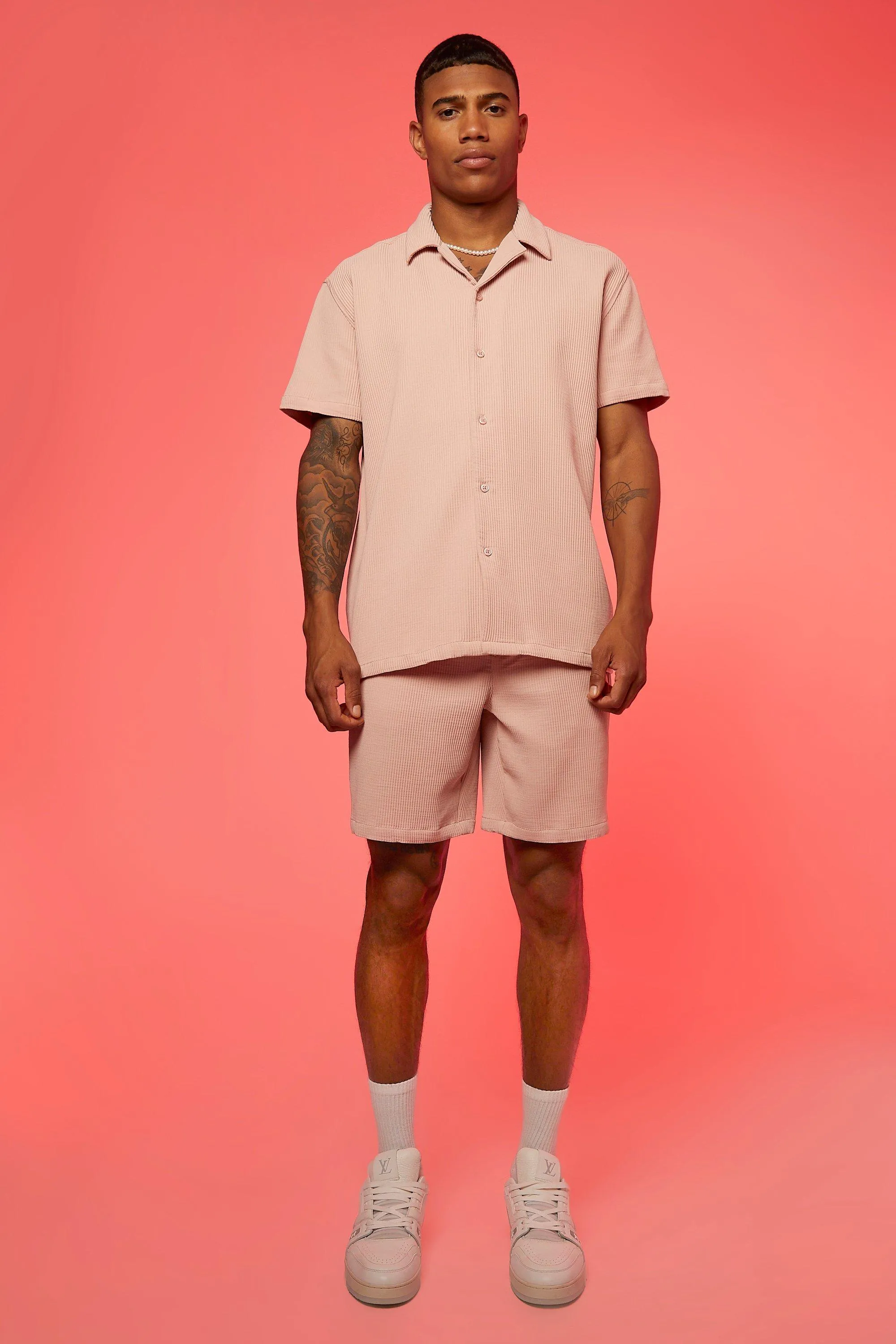 Oversized Short Sleeve Pleated Shirt And Short | boohooMAN UK