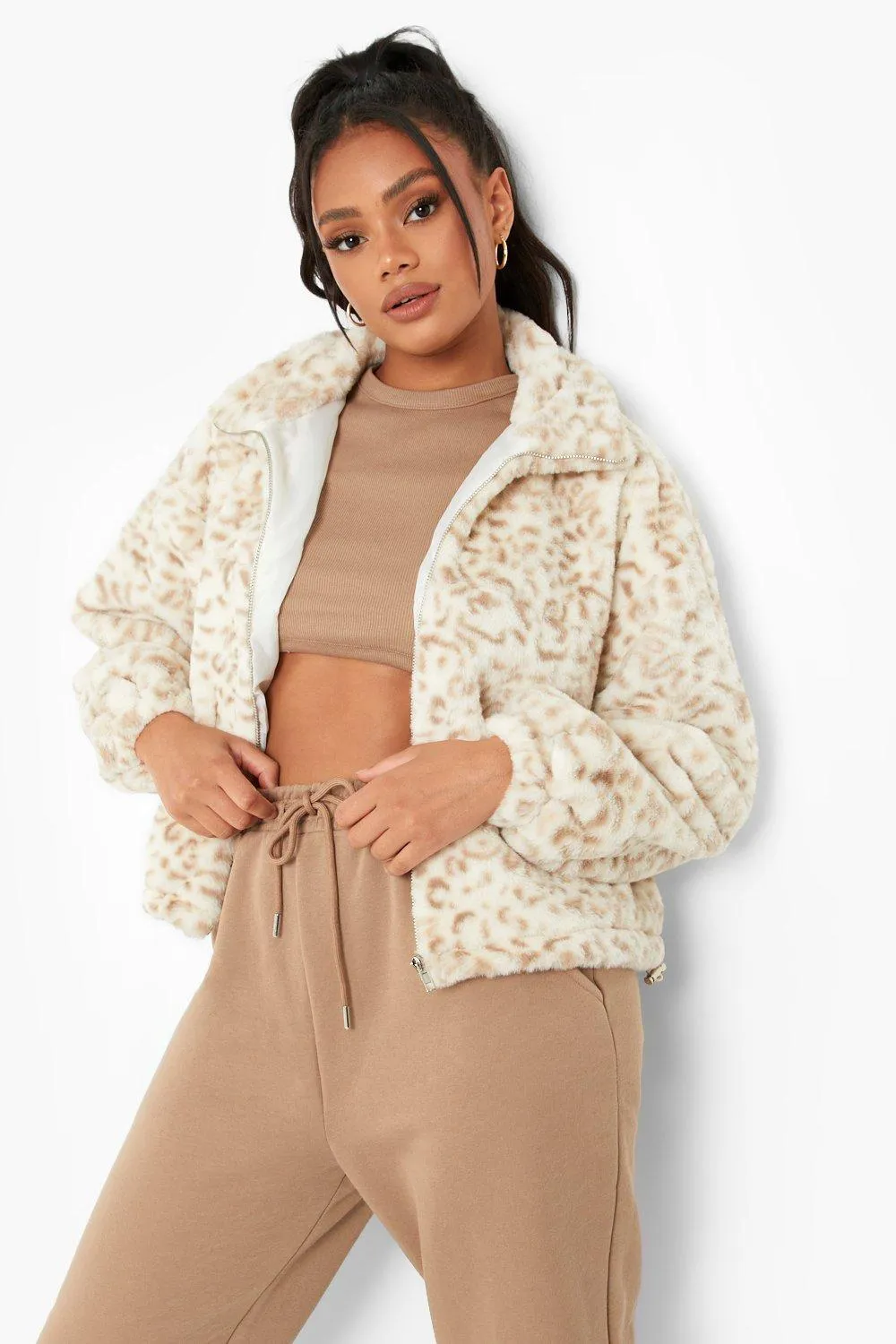 Petite Leopard Teddy Zip Up High Neck Jacket