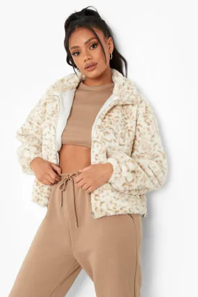 Petite Leopard Teddy Zip Up High Neck Jacket