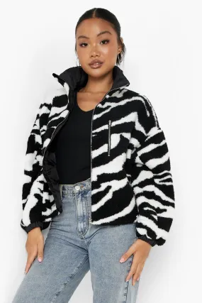 Petite Zebra Teddy Zip Up High Neck Jacket