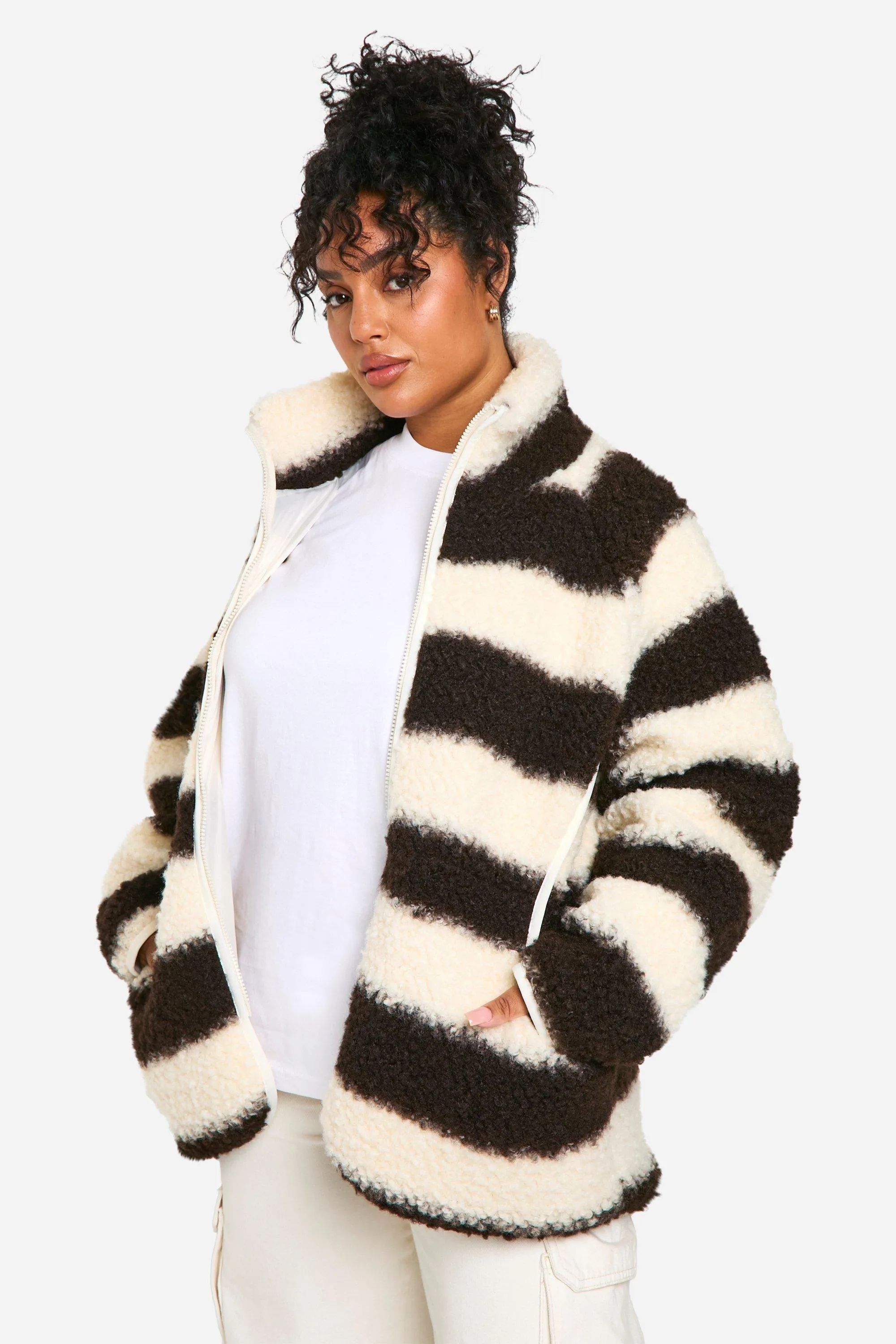 Plus Stripe Oversized Curly Teddy Zip Up Jacket