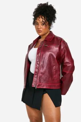 Plus Vintage Look Faux Leather Zip Jacket