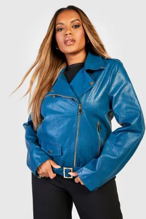 Plus Zip Pockets Faux Pu Leather Moto Jacket