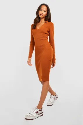 Polo Collar Knitted Midi Dress