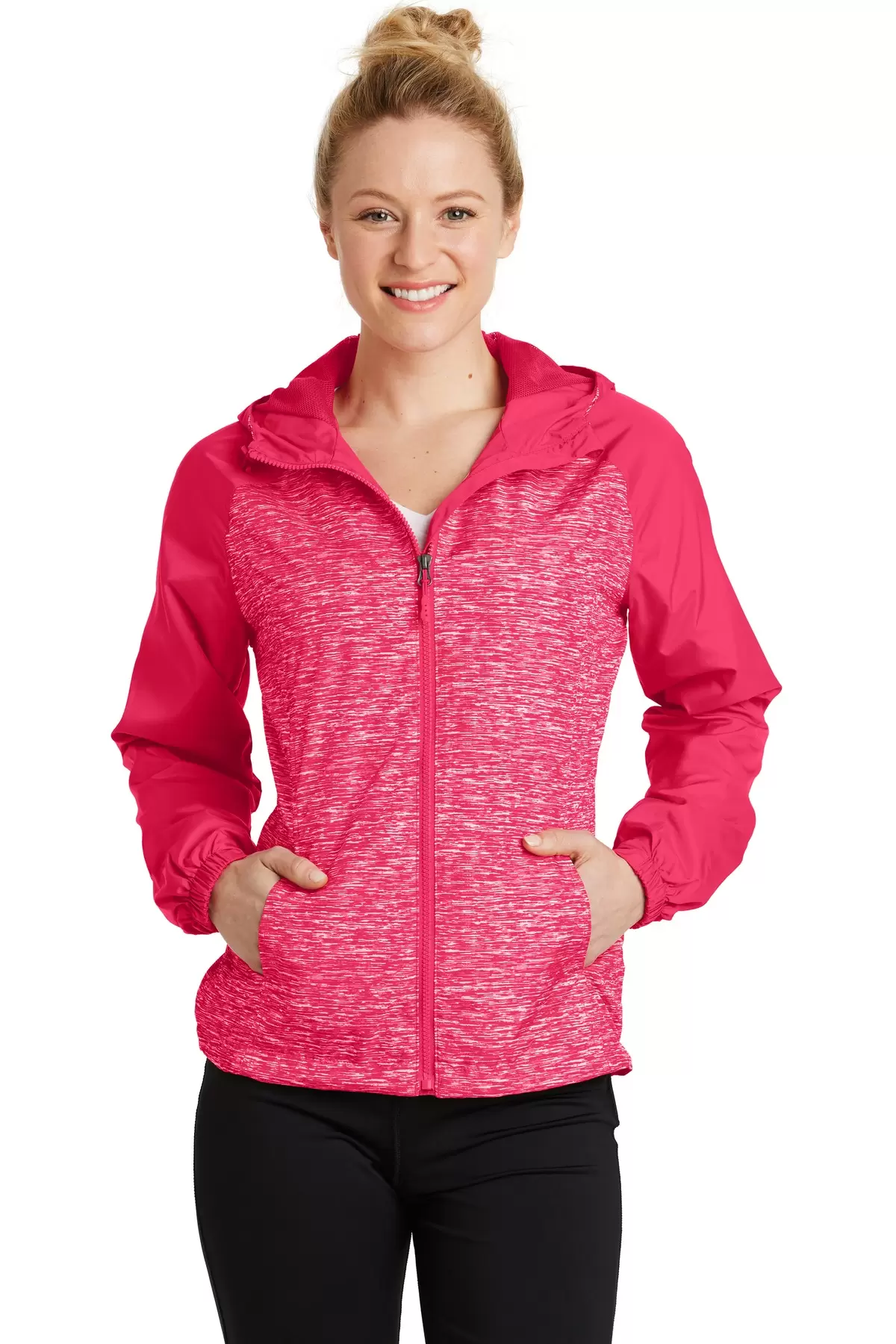 Sport Tek LST40 Sport-Tek Ladies Heather Colorblock Raglan Hooded Wind Jacket SKU: LST40