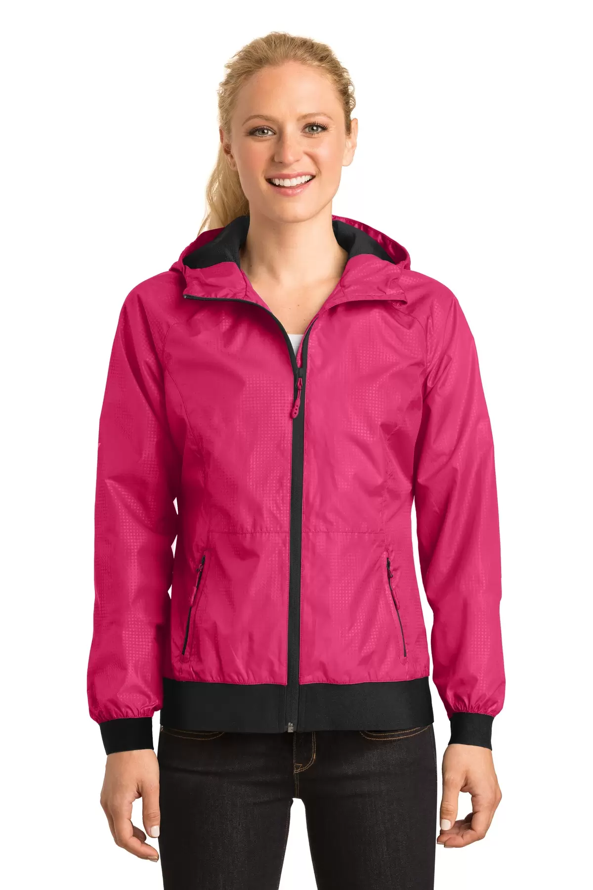 Sport Tek LST53 Sport-Tek Ladies Embossed Hooded Wind Jacket SKU: LST53