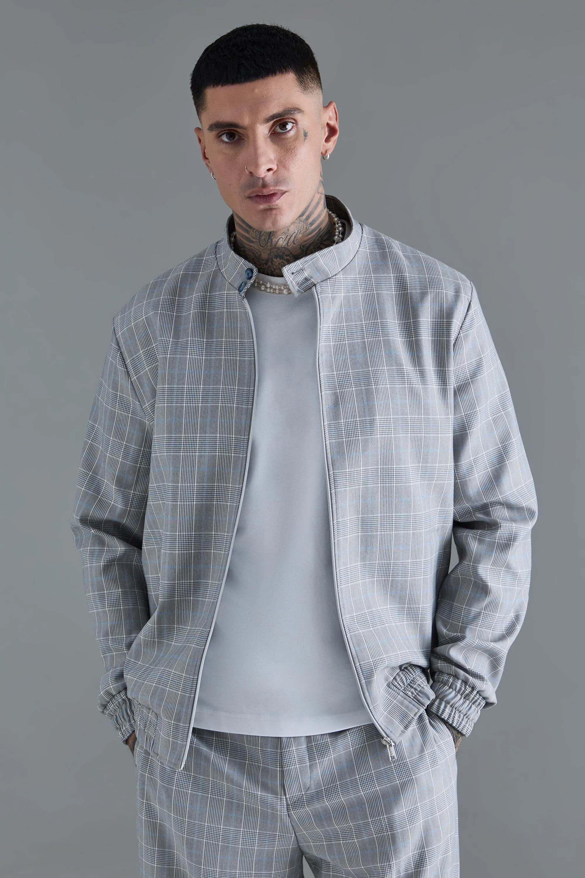 Tall Check High Neck Zip Up Smart Funnel Neck Jacket