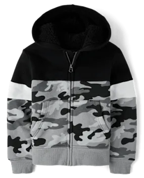 The Children's Place Boys Camo Colorblock  Fleece Sherpa Lined Zip Up Hoodie