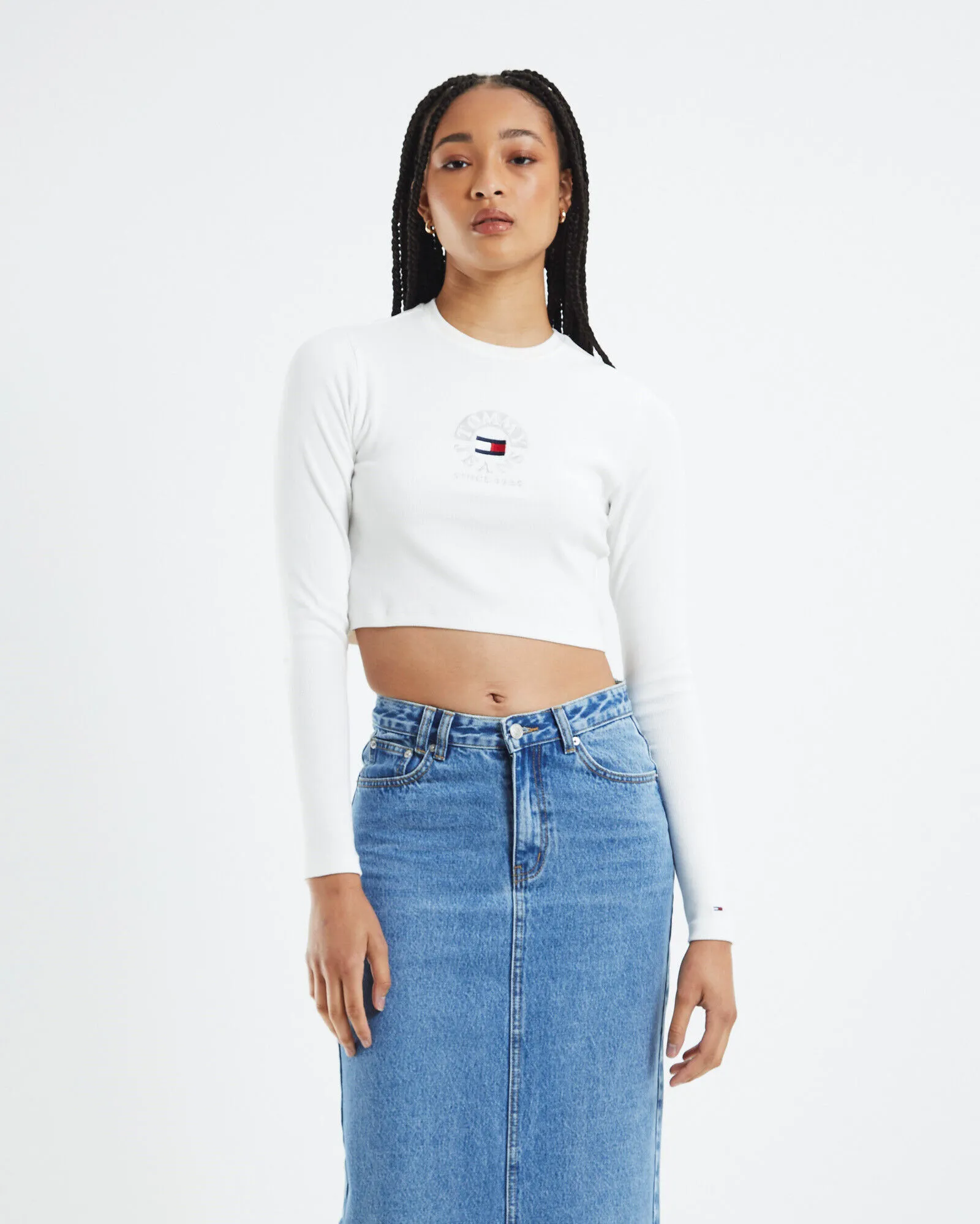 Tommy Jeans TJW Baby Crop Timeless Circle Long Sleeve Tee White