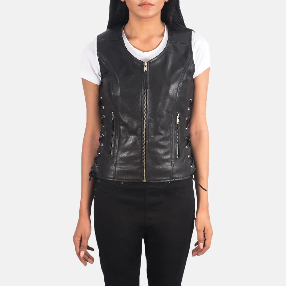 Vanda Black Leather Biker Vest