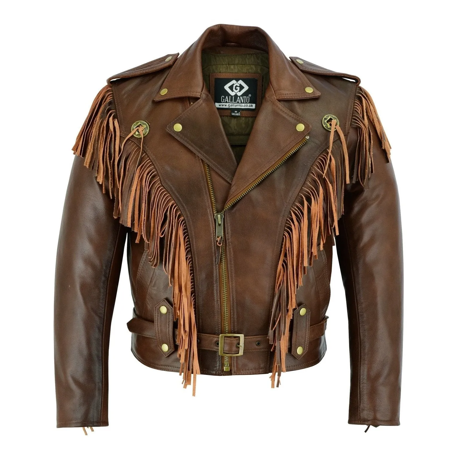 Vintage Brown Biker Fringe Leather Jacket - Tassle Concho Premium Motorcycle