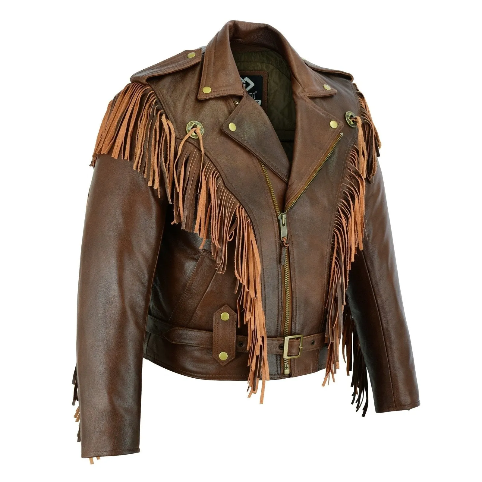 Vintage Brown Biker Fringe Leather Jacket - Tassle Concho Premium Motorcycle