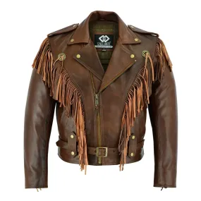 Vintage Brown Biker Fringe Leather Jacket - Tassle Concho Premium Motorcycle