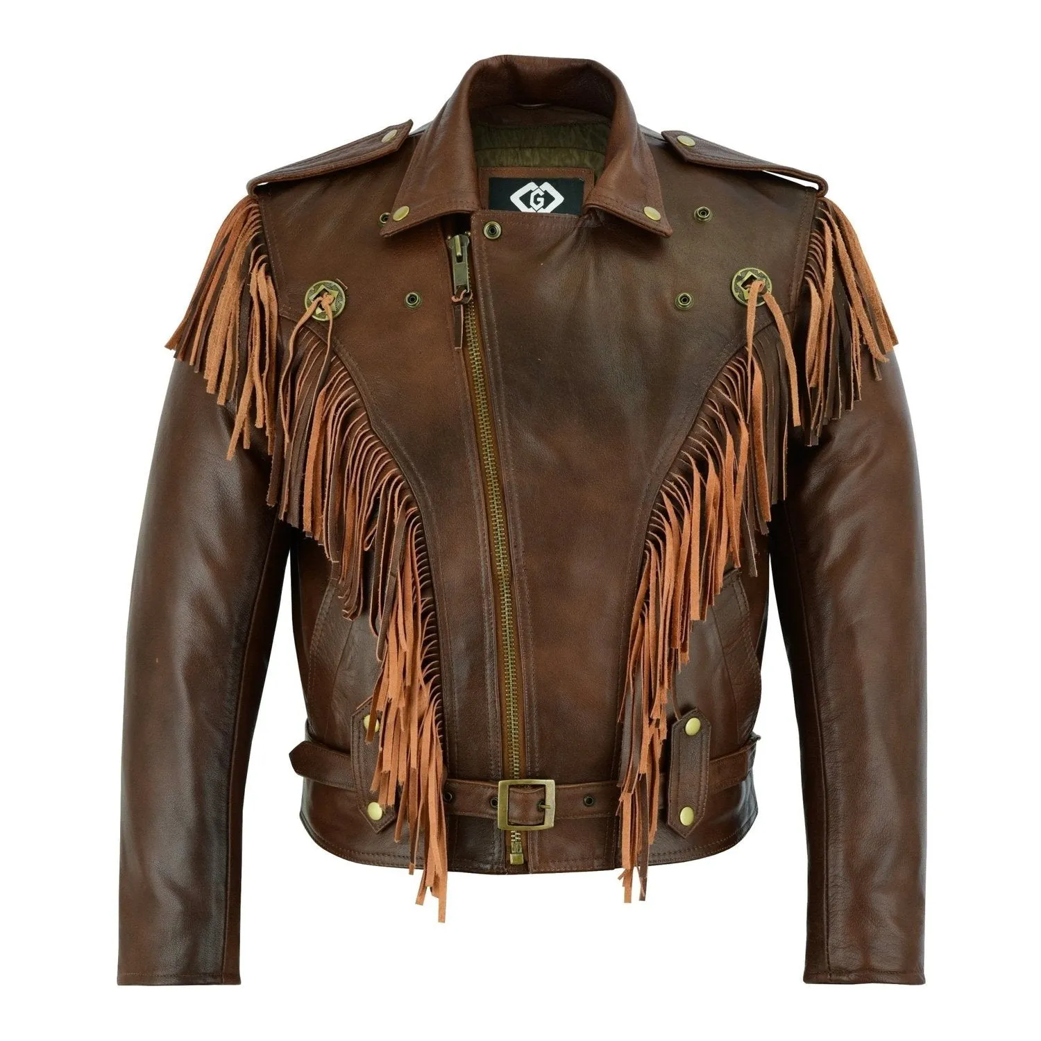 Vintage Brown Biker Fringe Leather Jacket - Tassle Concho Premium Motorcycle