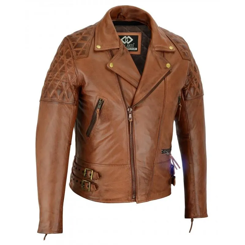 Vintage Tan Brown Classic Diamond Motorcycle Biker Soft Leather Jacket