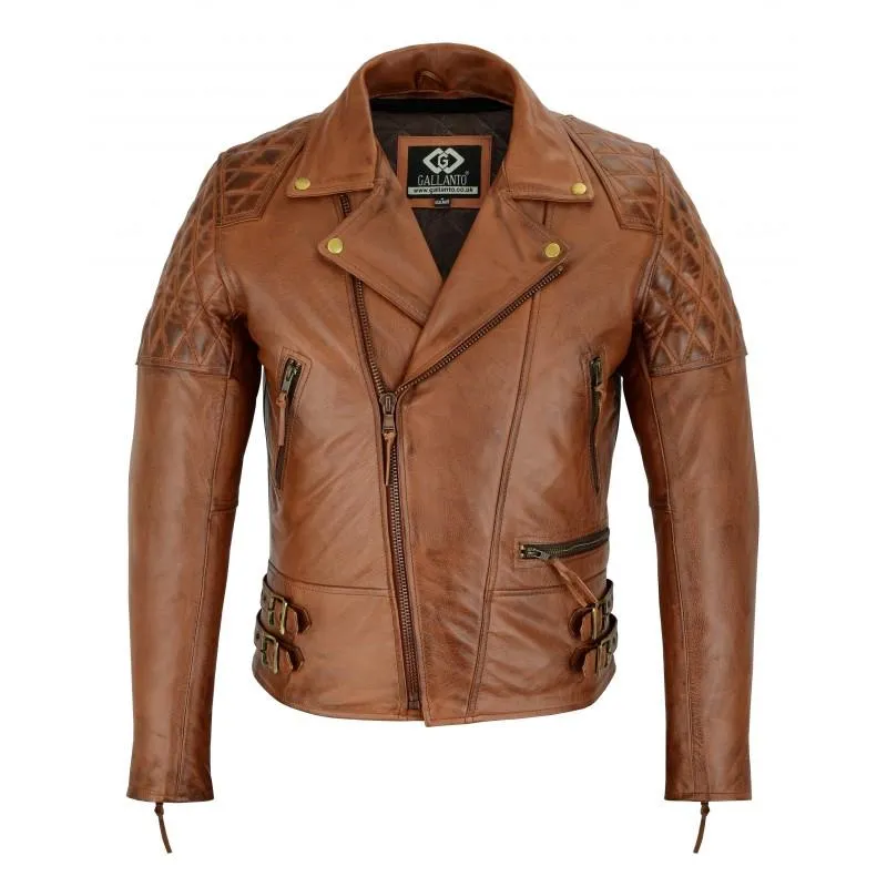 Vintage Tan Brown Classic Diamond Motorcycle Biker Soft Leather Jacket