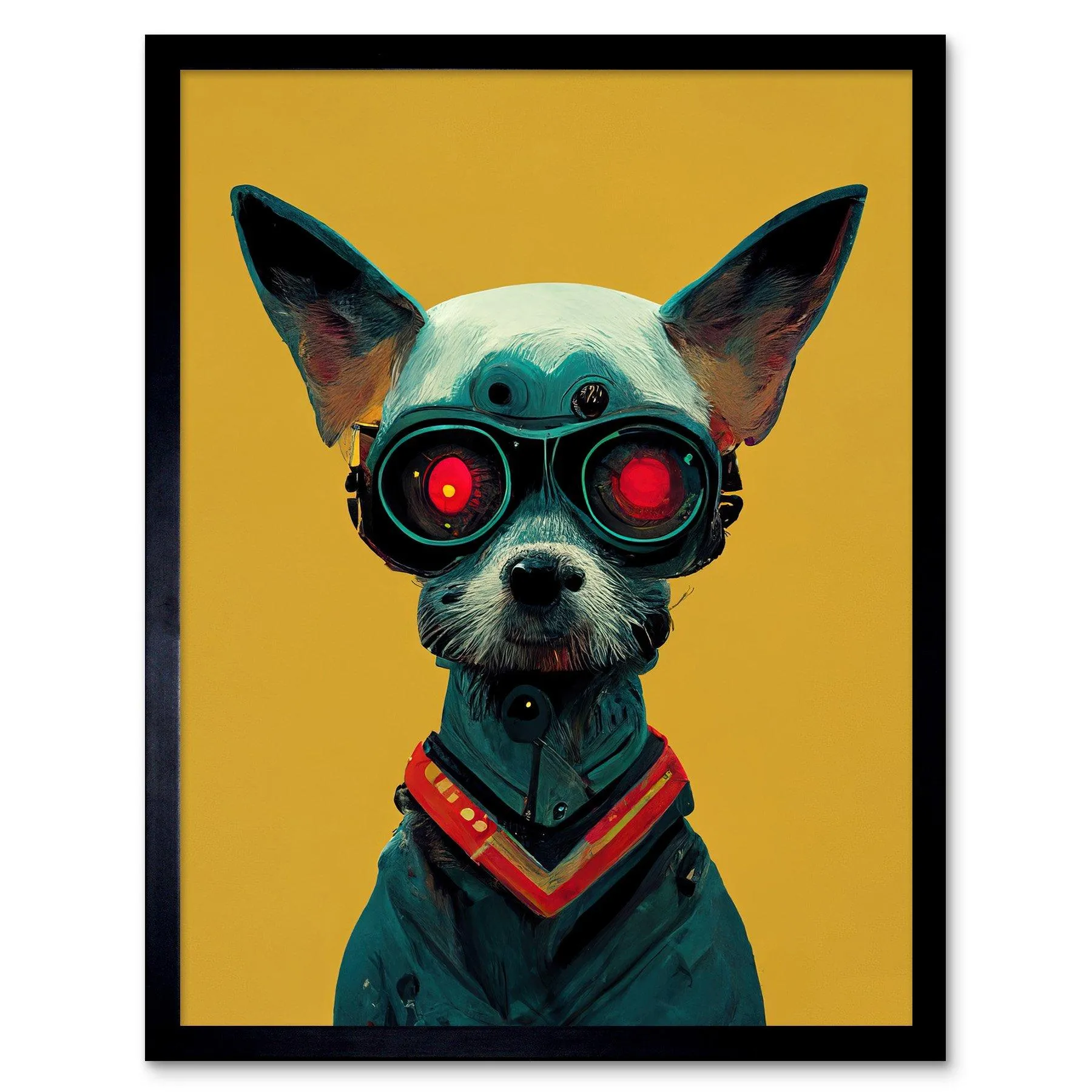 Wall Art & Pictures | Wall Art Print Cyborg Chihuahua Dog With Infrared Goggles In Mustard Red Background Art Framed | Arter