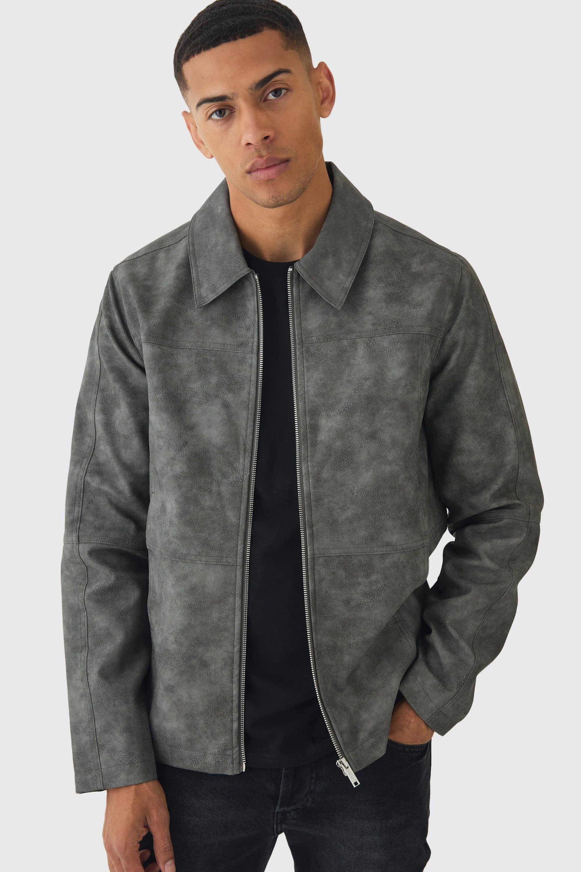 Washed Pu Zip Through Harrington Jacket In Grey