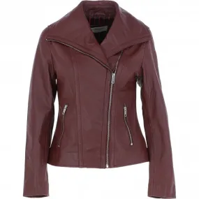 Women's Wide Fashion Collar Side Zip Leather Jacket Oxblood: Universal